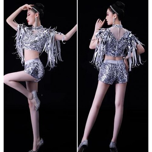 Women silver sequins glitter jazz dance costumes fringe bling gogo dancers dj ds nightclub singers stage performance modern dance tops and shorts for female